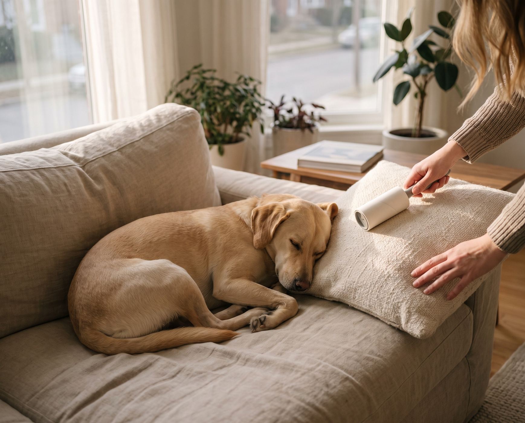 A dog dozing on a sofa while its owner lifts pet hair from a cushion with a lint roller
