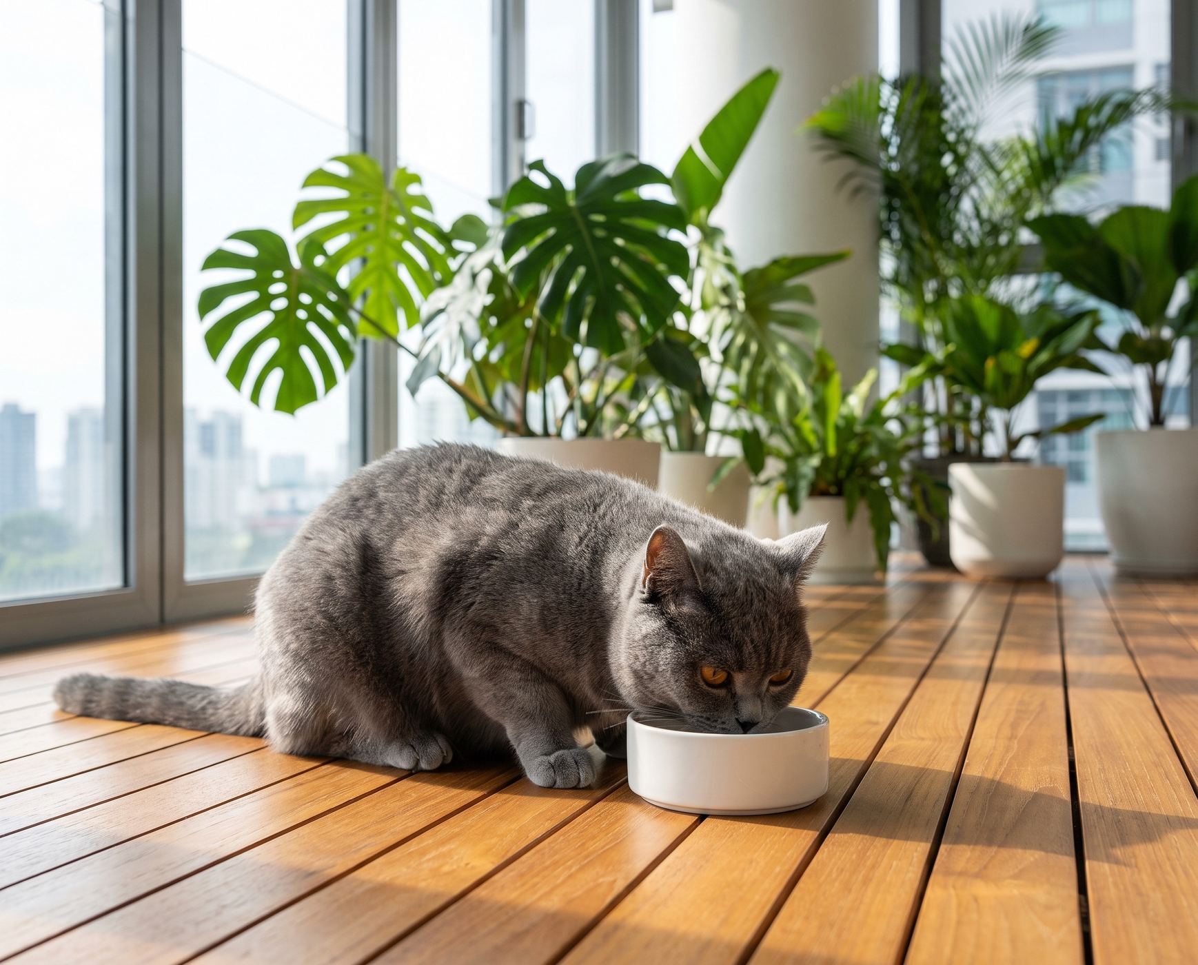 A British Shorthair cat eating from a ceramic bowl in a bright Singapore apartment