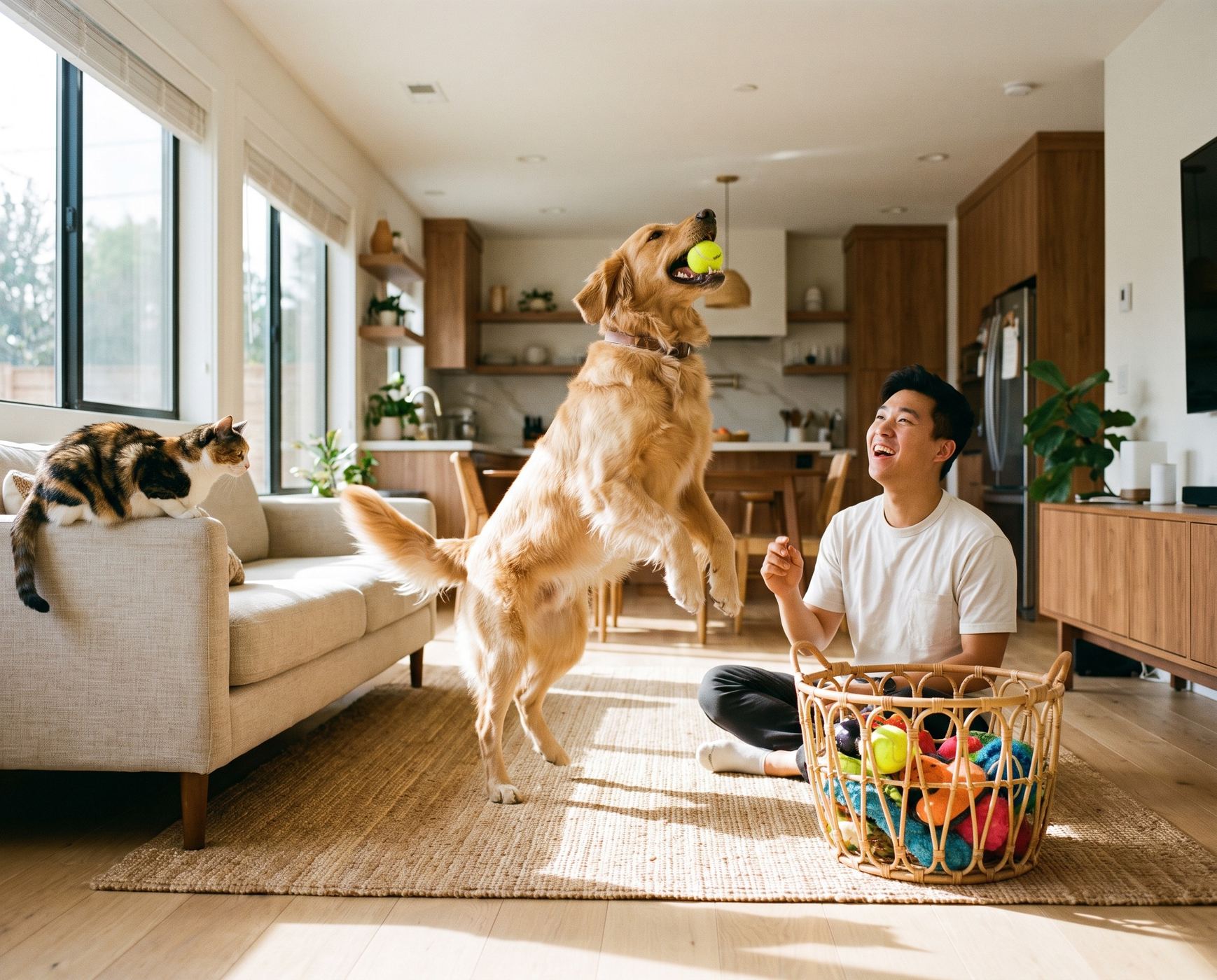 A golden retriever leaping for a ball while its owner laughs beside a basket of dog toys