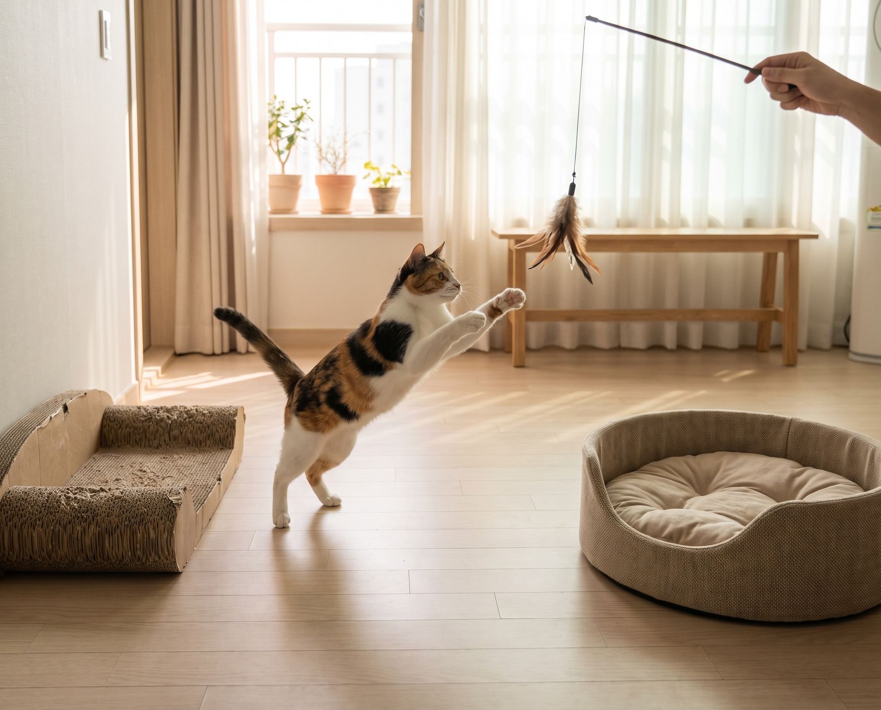 A calico cat leaping for a feather wand toy in a bright apartment