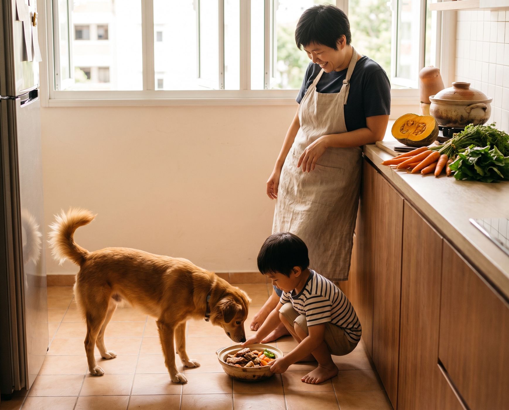 A child setting down a bowl of food for the family dog in a sunlit home kitchen