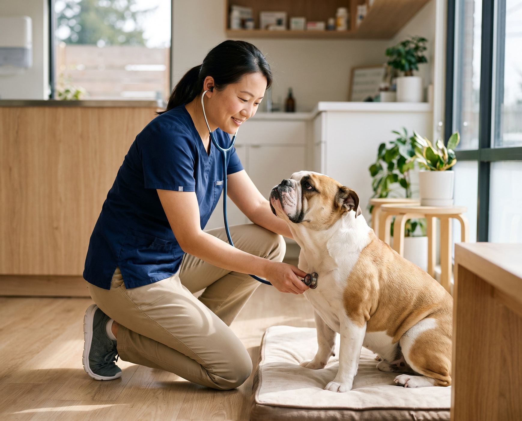 A vet gently checking a calm English bulldog
