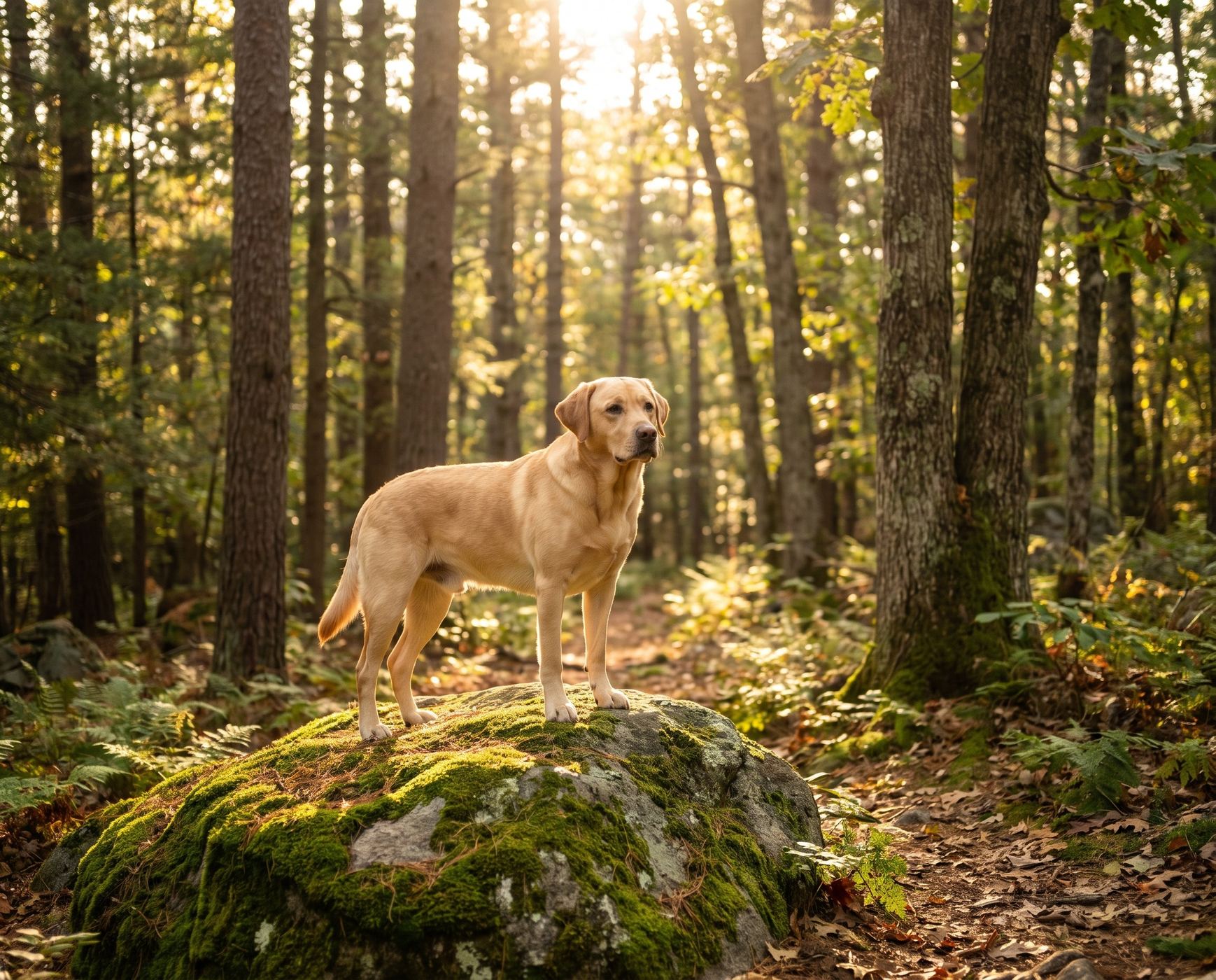 A yellow Labrador standing on a mossy rock on a sunlit forest trail