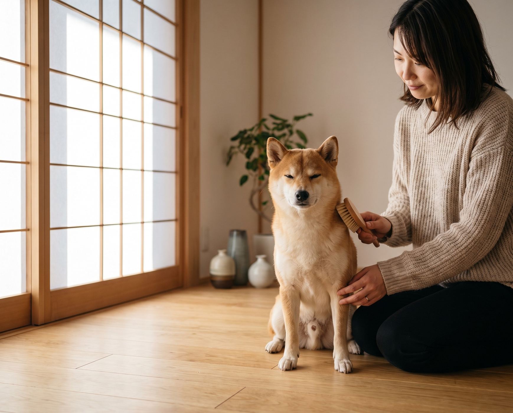 A Shiba Inu being brushed by its owner in a bright Japanese home