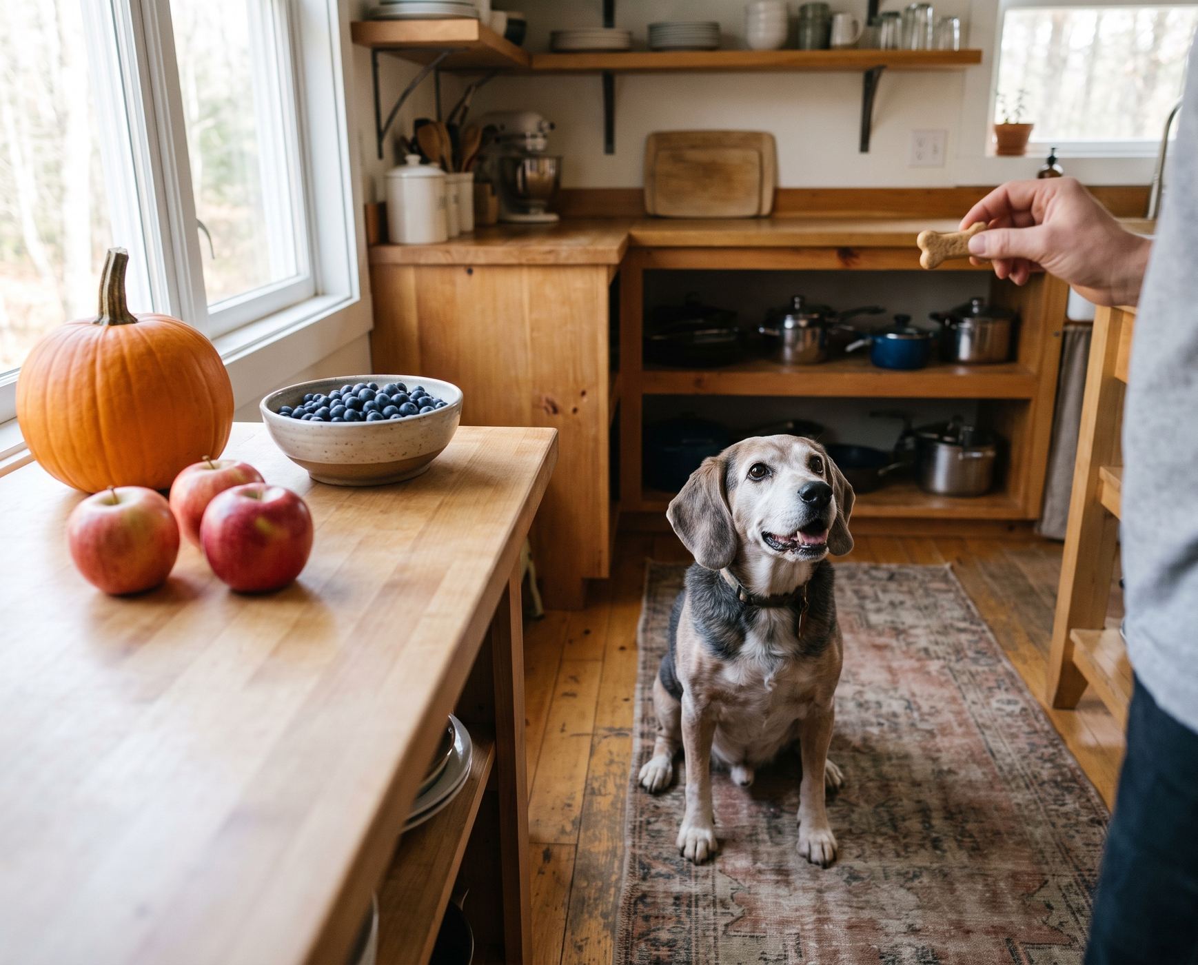 A senior beagle waiting for a treat in a kitchen with pumpkin, apples and blueberries