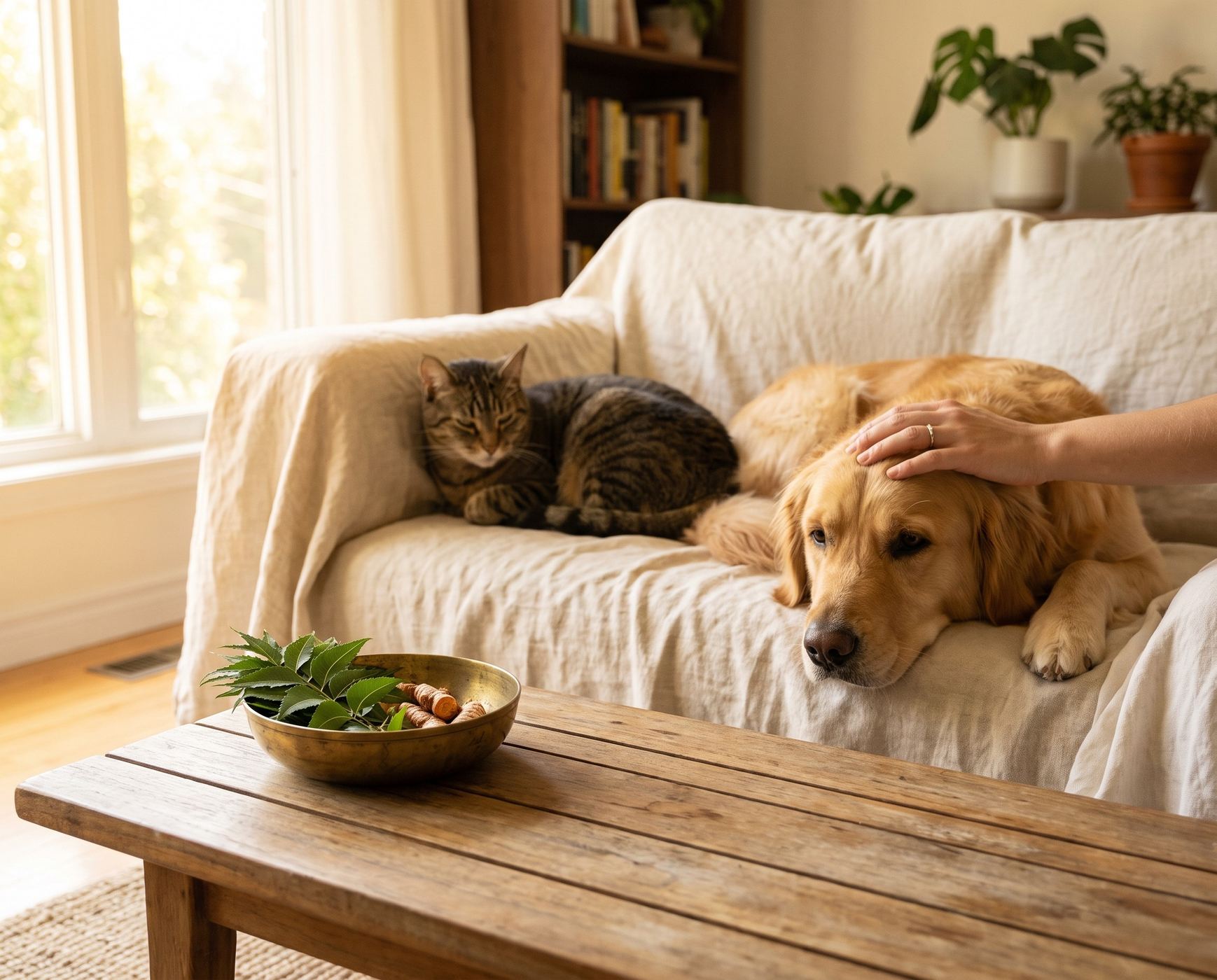 A golden retriever and a tabby cat resting on a linen throw beside a bowl of neem leaves