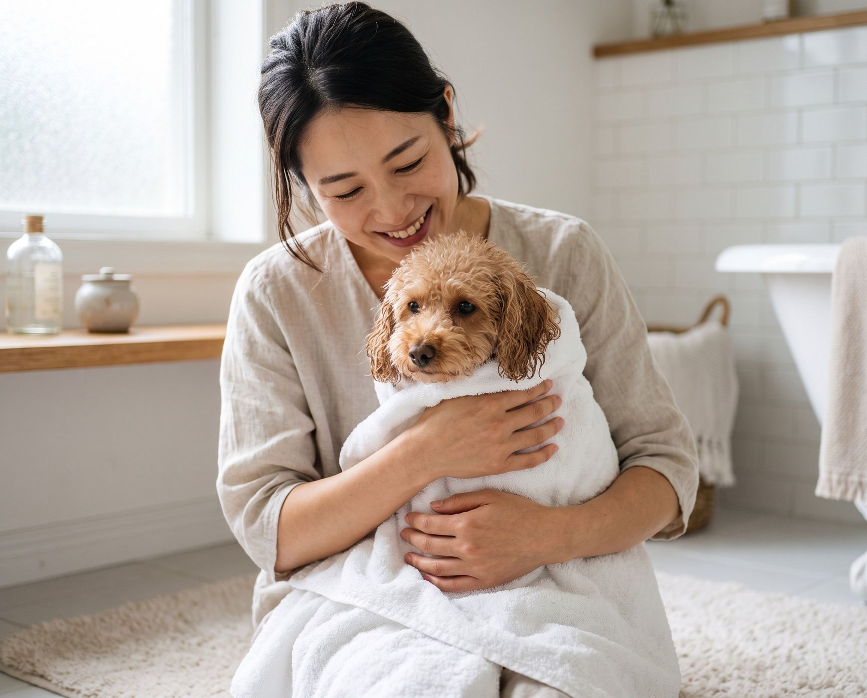 A freshly bathed toy poodle wrapped in a towel by its owner