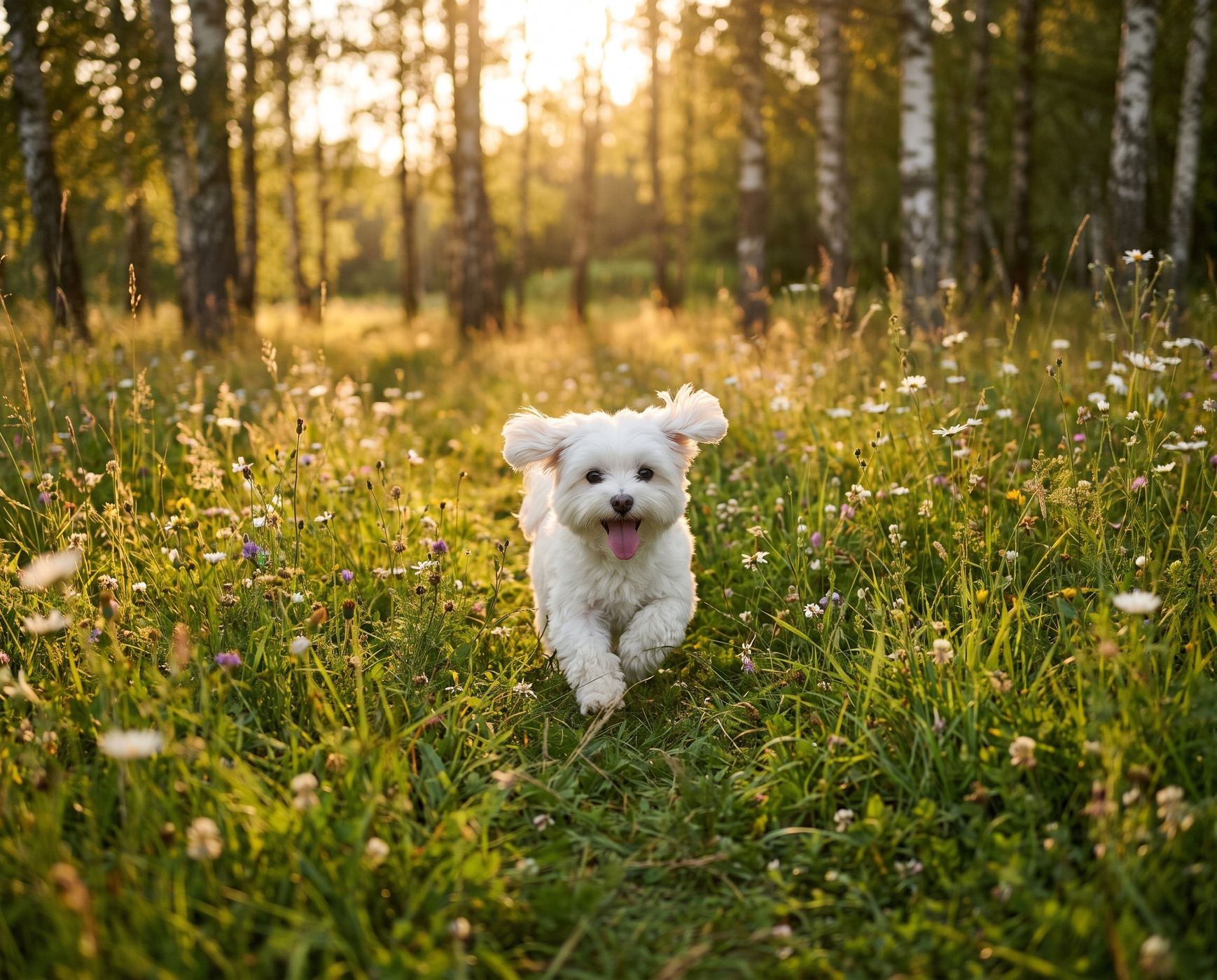 A small white dog running through a flowering meadow