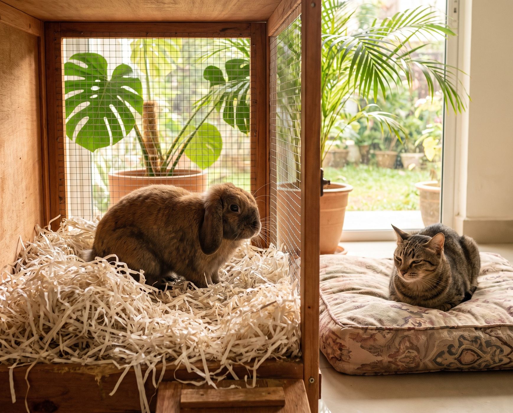 A rabbit resting in soft paper bedding while a cat watches from a cushion