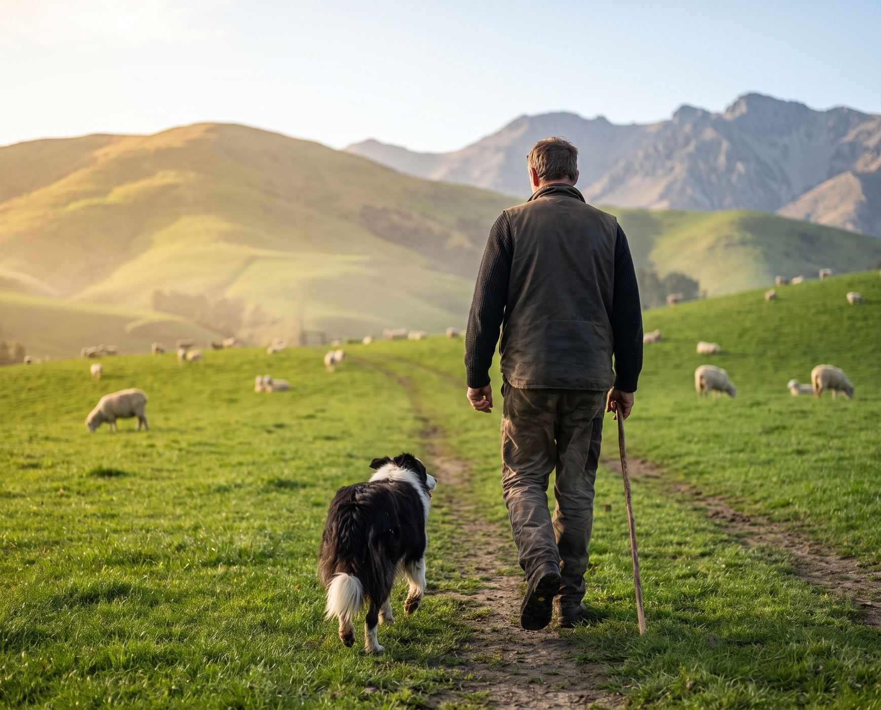 A Border Collie and a farmer walking across a green New Zealand hill farm