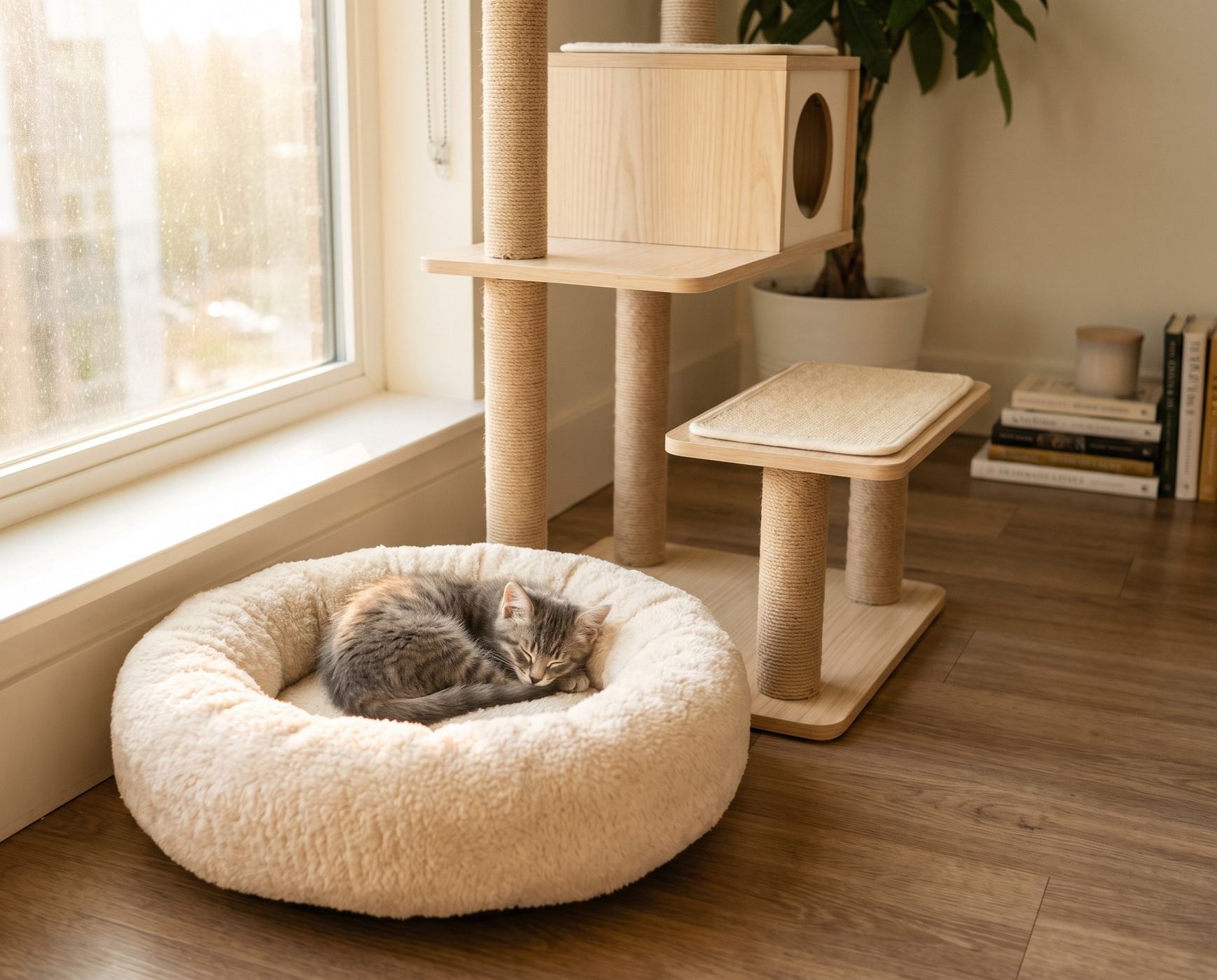 A grey kitten asleep in a plush round bed beside a cat tree