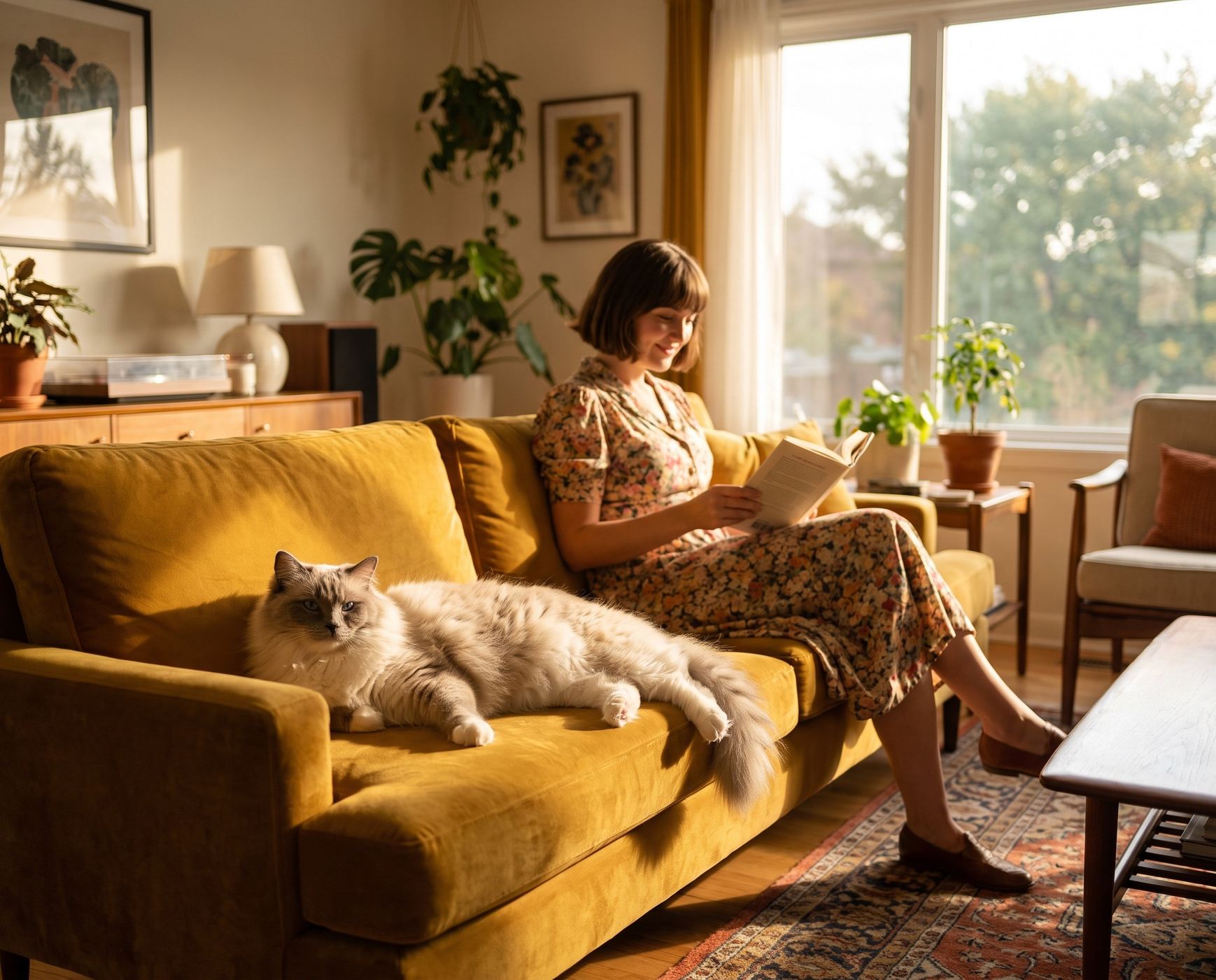 A ragdoll cat lounging on a mustard velvet sofa beside its owner