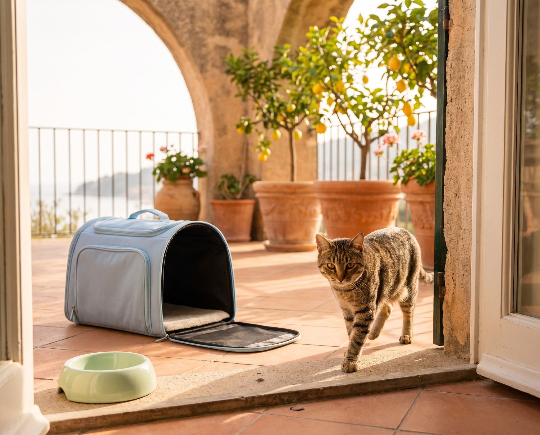 A tabby cat on a sunny Italian terrace beside a pet carrier and bowl