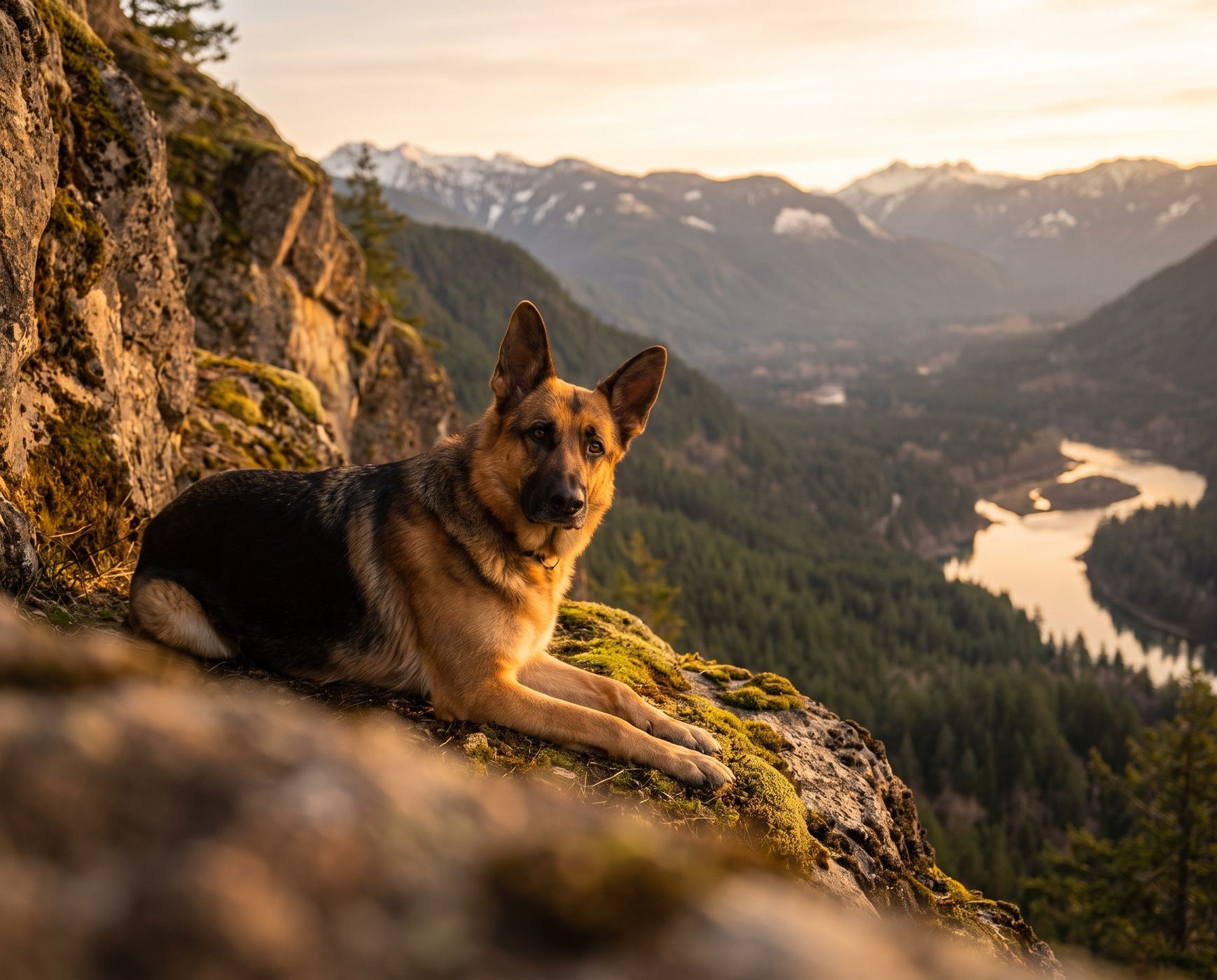 A German Shepherd lying on a rocky outcrop above a mountain valley at golden hour