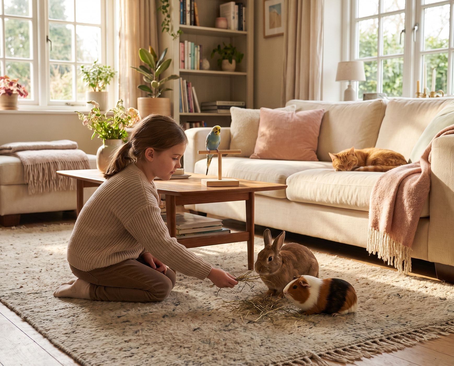 A girl feeding hay to a rabbit and a guinea pig, with a budgerigar and a cat nearby