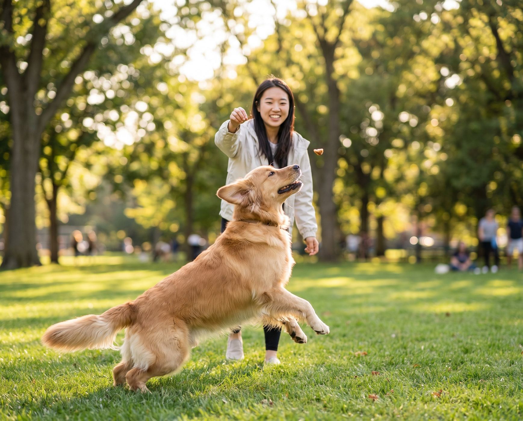 A golden retriever bounding to catch a treat in a sunny park