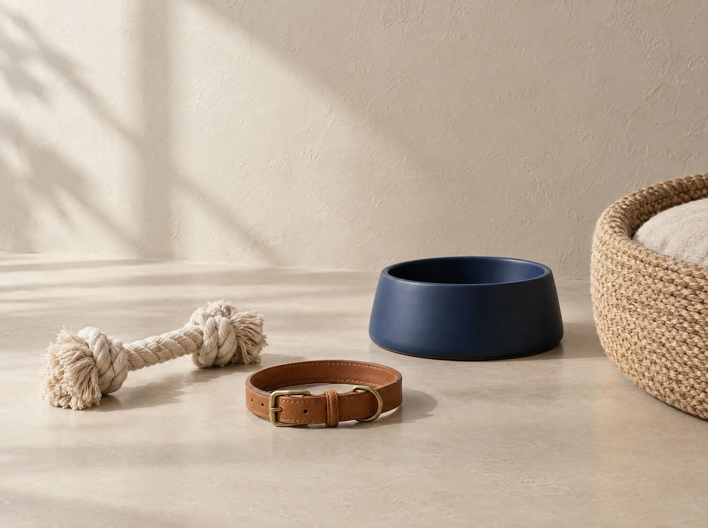 A rope toy, leather collar, ceramic bowl and woven bed