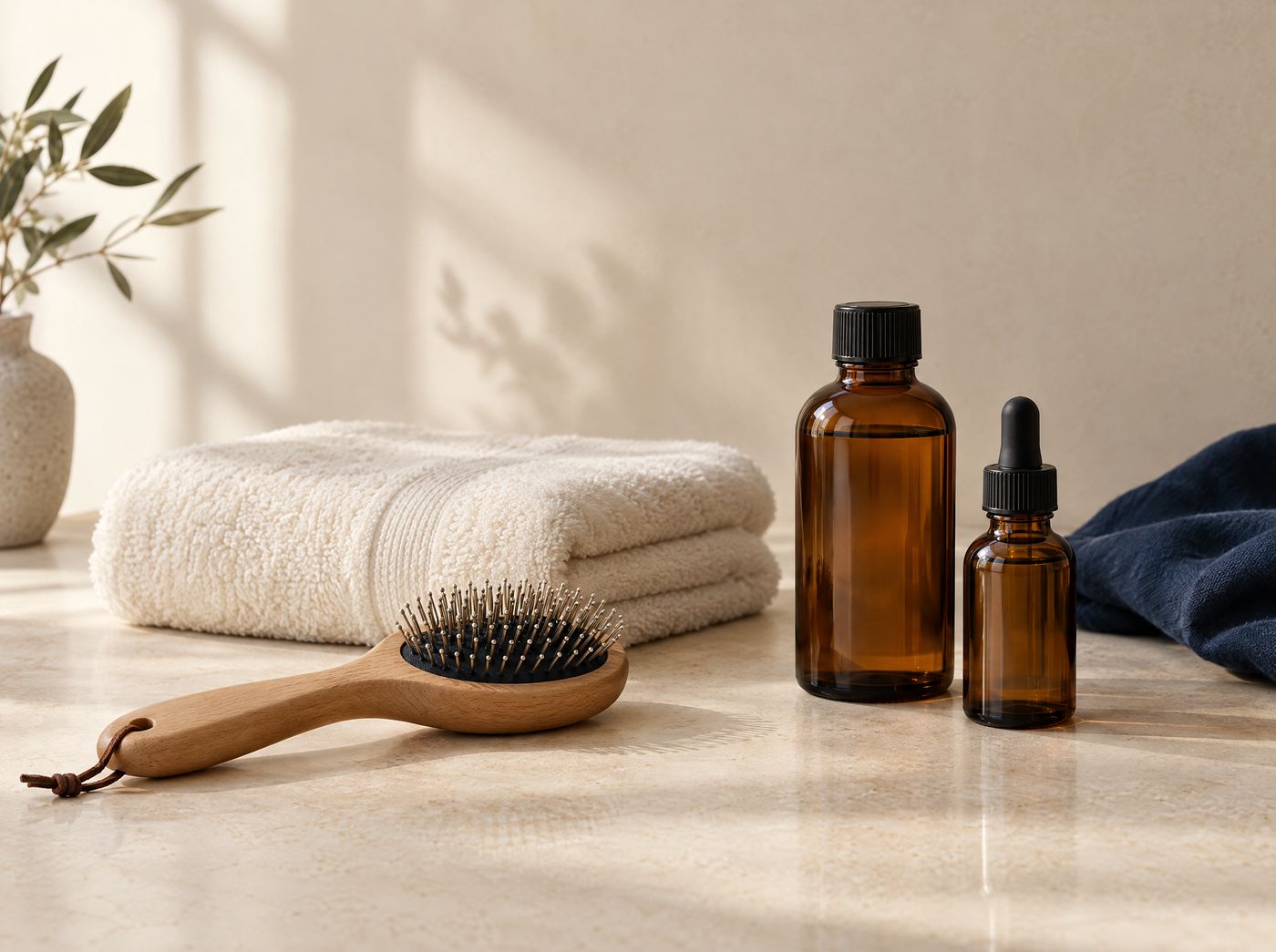 A grooming brush, towel and amber bottles