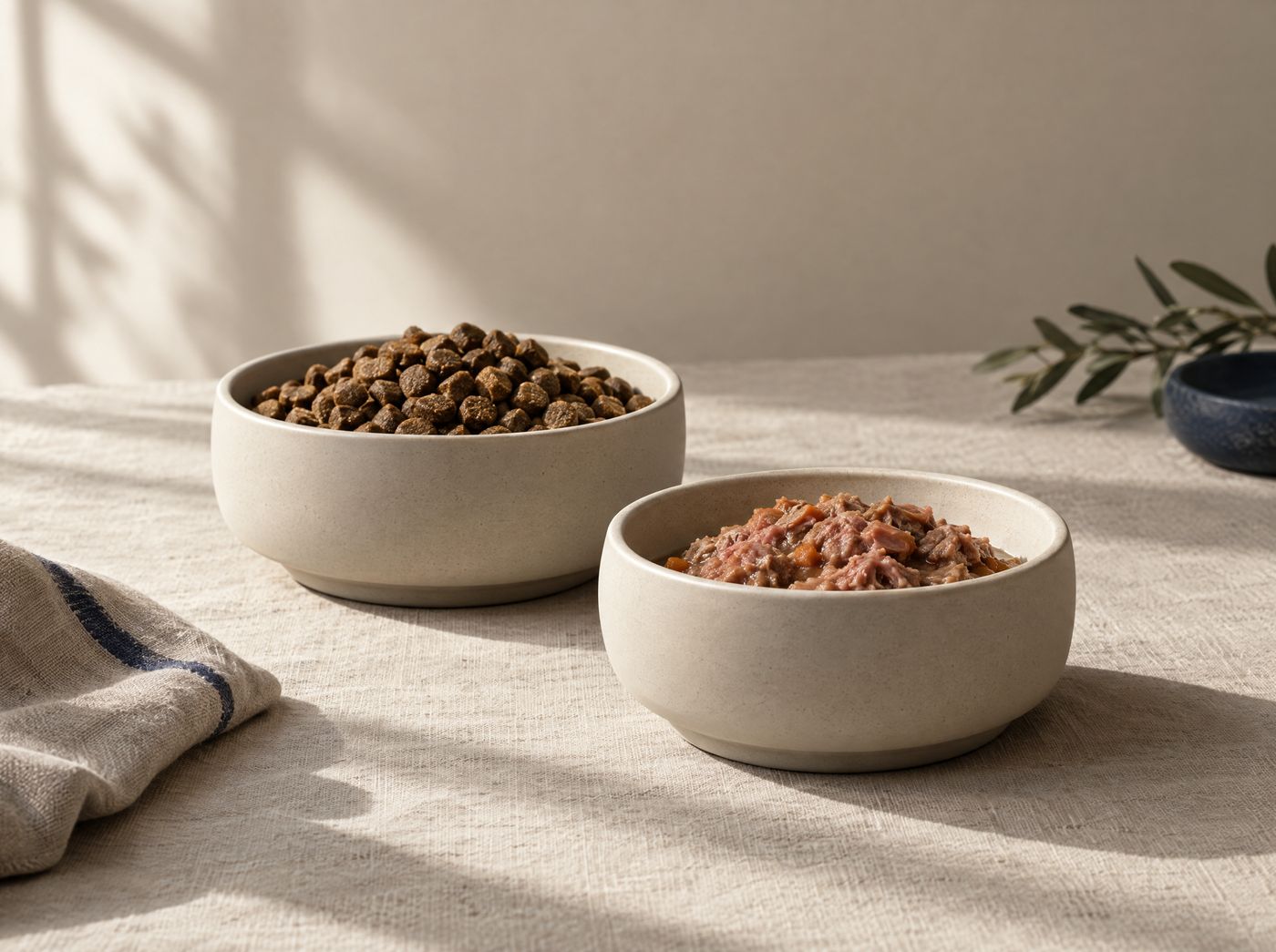 Dry and wet pet food in two ceramic bowls