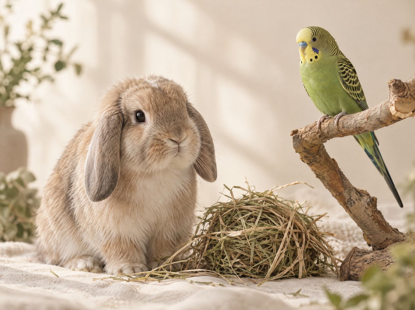 A lop-eared rabbit beside a bundle of hay
