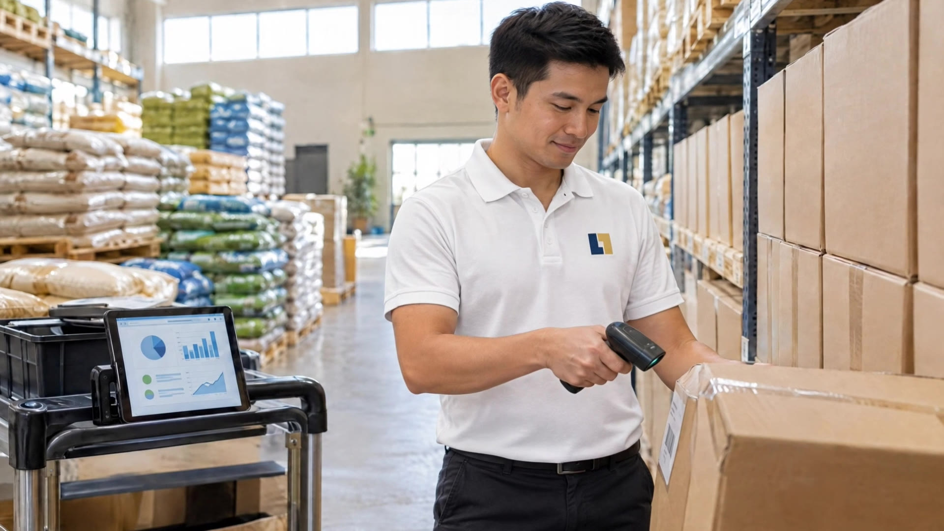In a Link 2 Link warehouse, a team member scans stock and checks a stock dashboard; a Link 2 Link merchandiser squares up a fully stocked NUTRIPE shelf of pouches and tins; then a store assistant shows Taste of the Wild PREY dog food to a customer with a golden retriever, and PREY cat food to a customer with a cat in a carrier