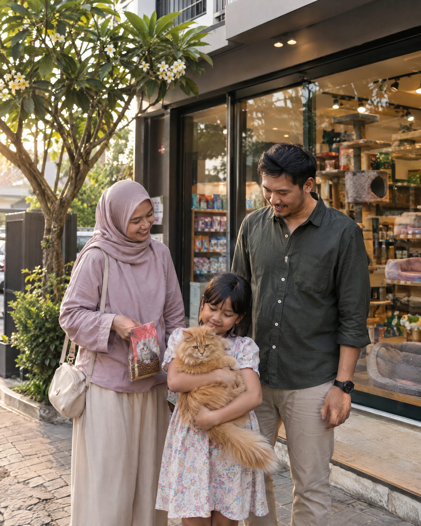 A family with their cat outside a pet shop in Jakarta