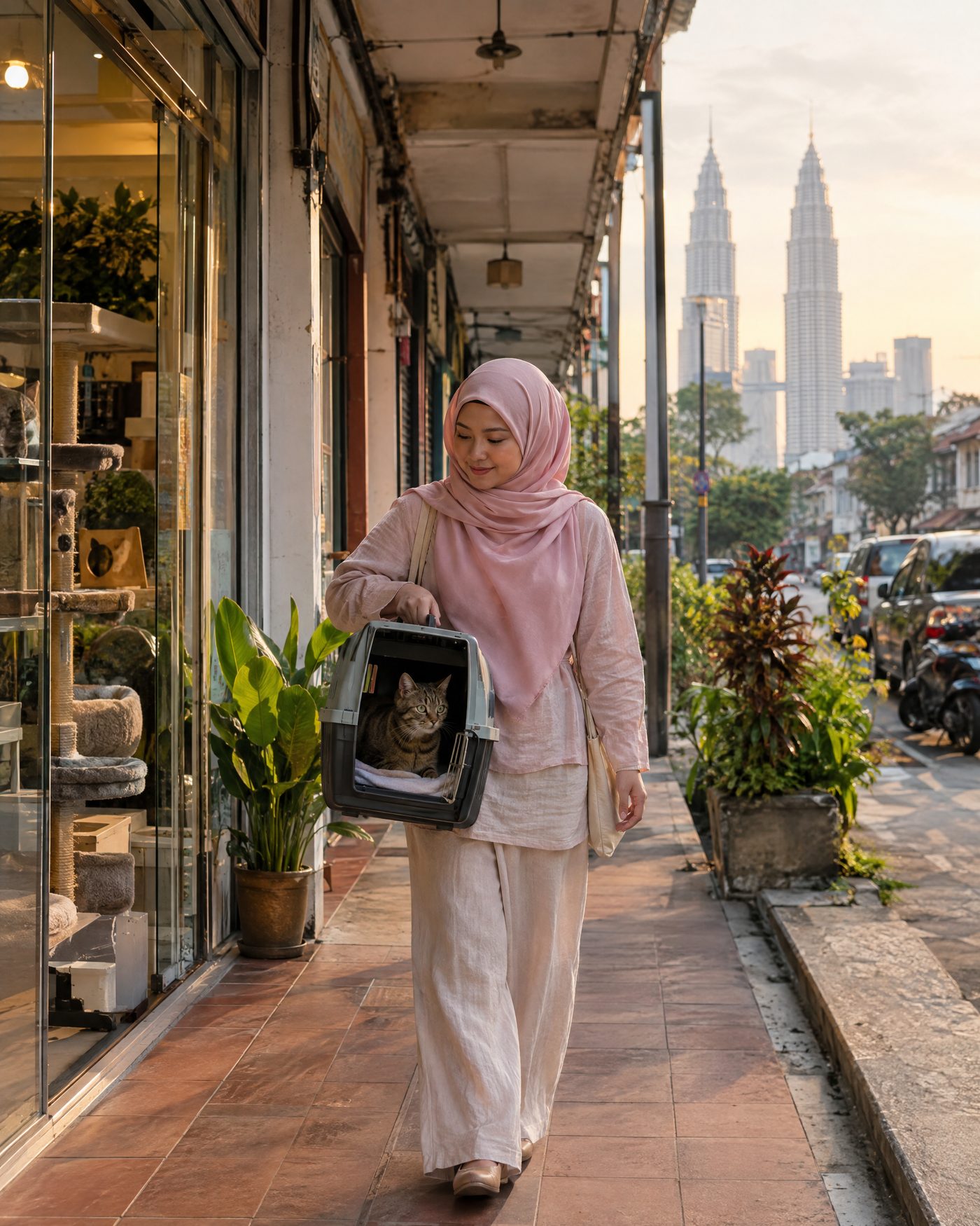 A woman leaving a pet shop in Kuala Lumpur with her cat in a carrier