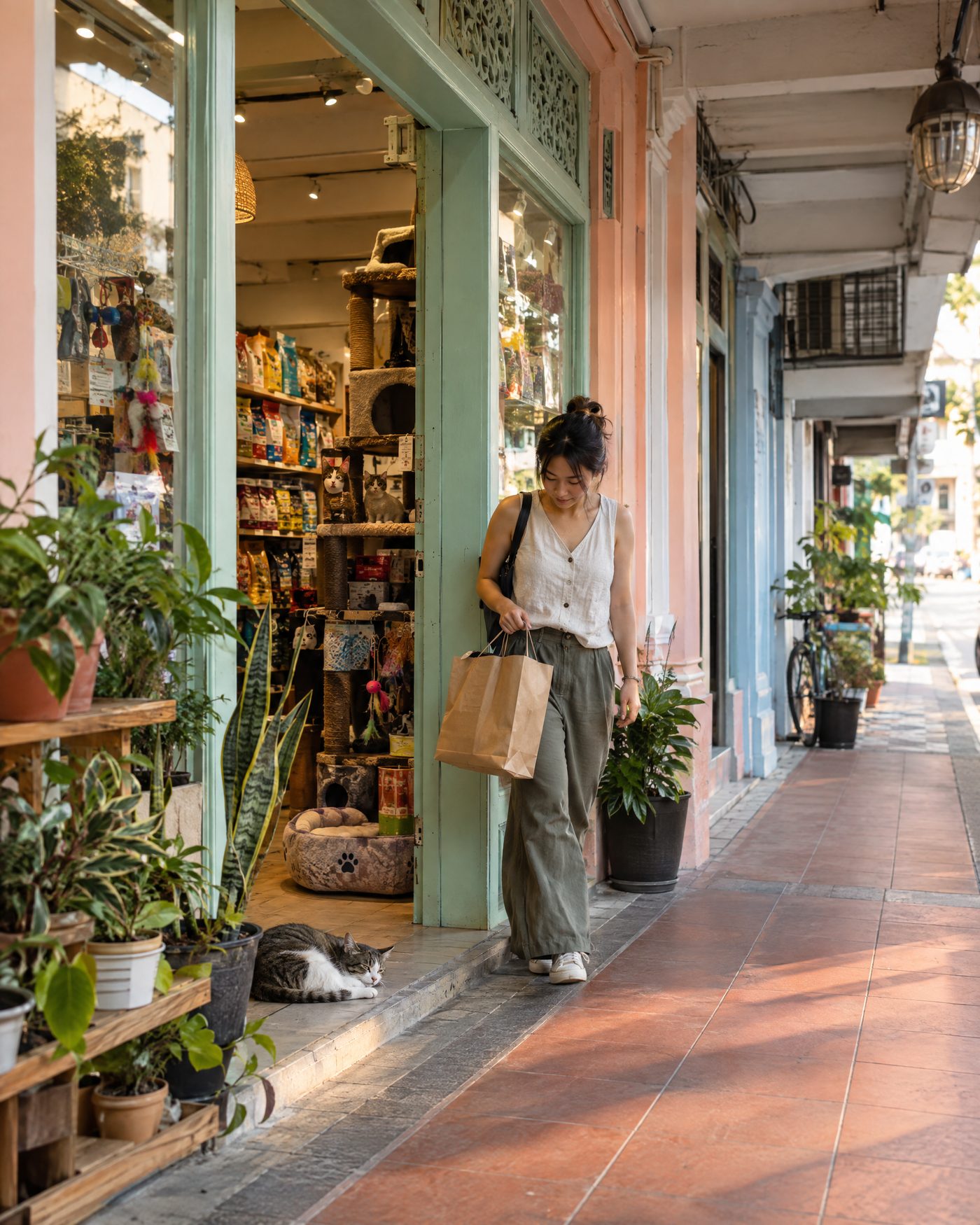 A neighbourhood pet shop in a Singapore shophouse, a cat dozing by the door