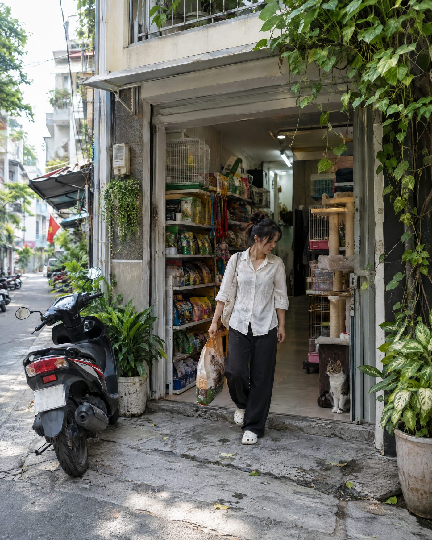 A woman leaving a small pet shop in Ho Chi Minh City with a bag of pet food
