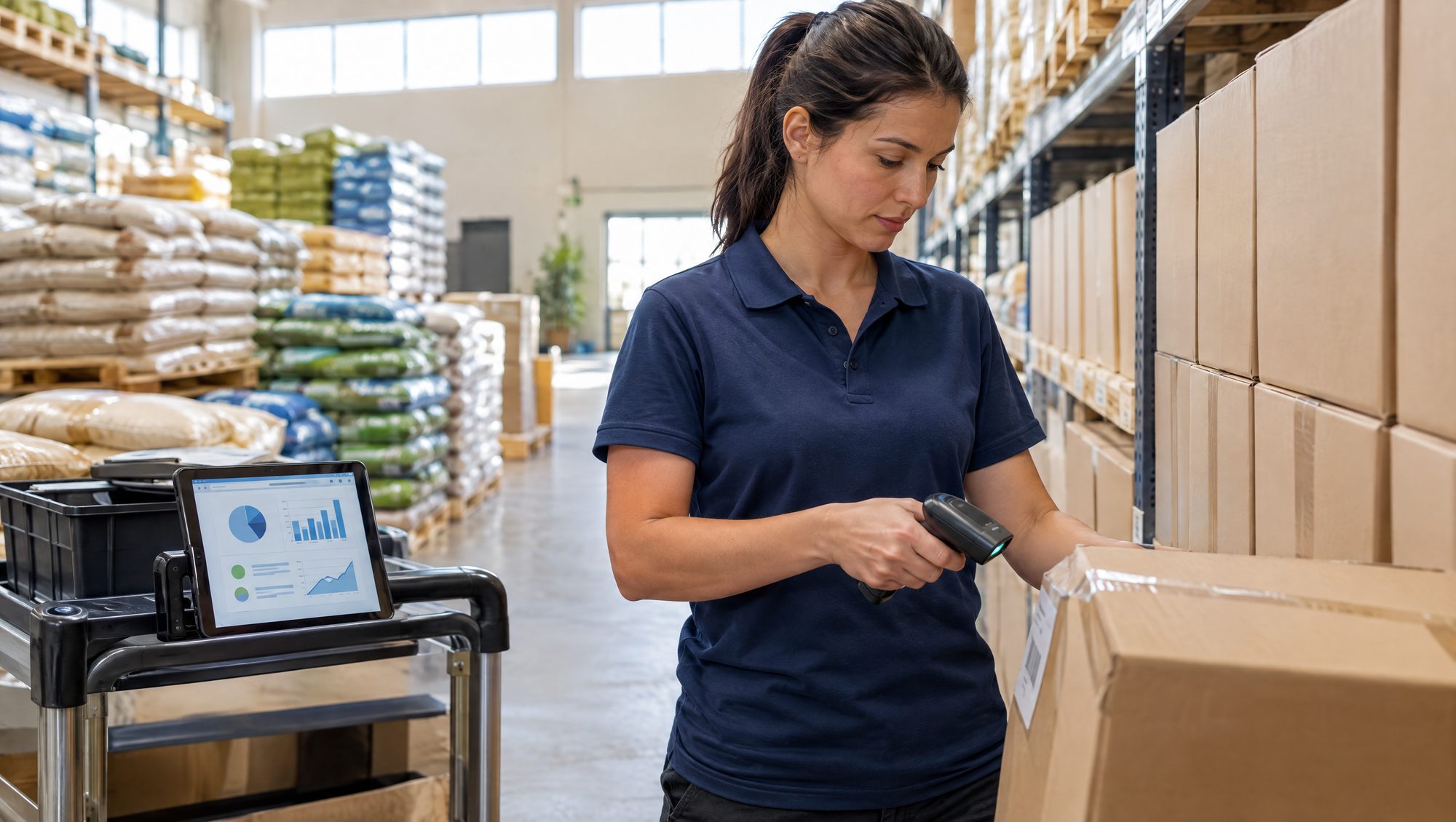 A team member scanning a carton while a tablet shows a stock dashboard