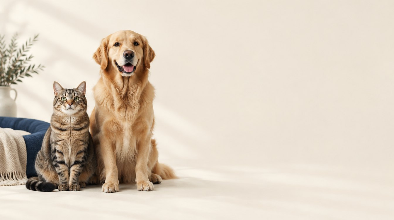 A cat and a dog sitting together in soft light